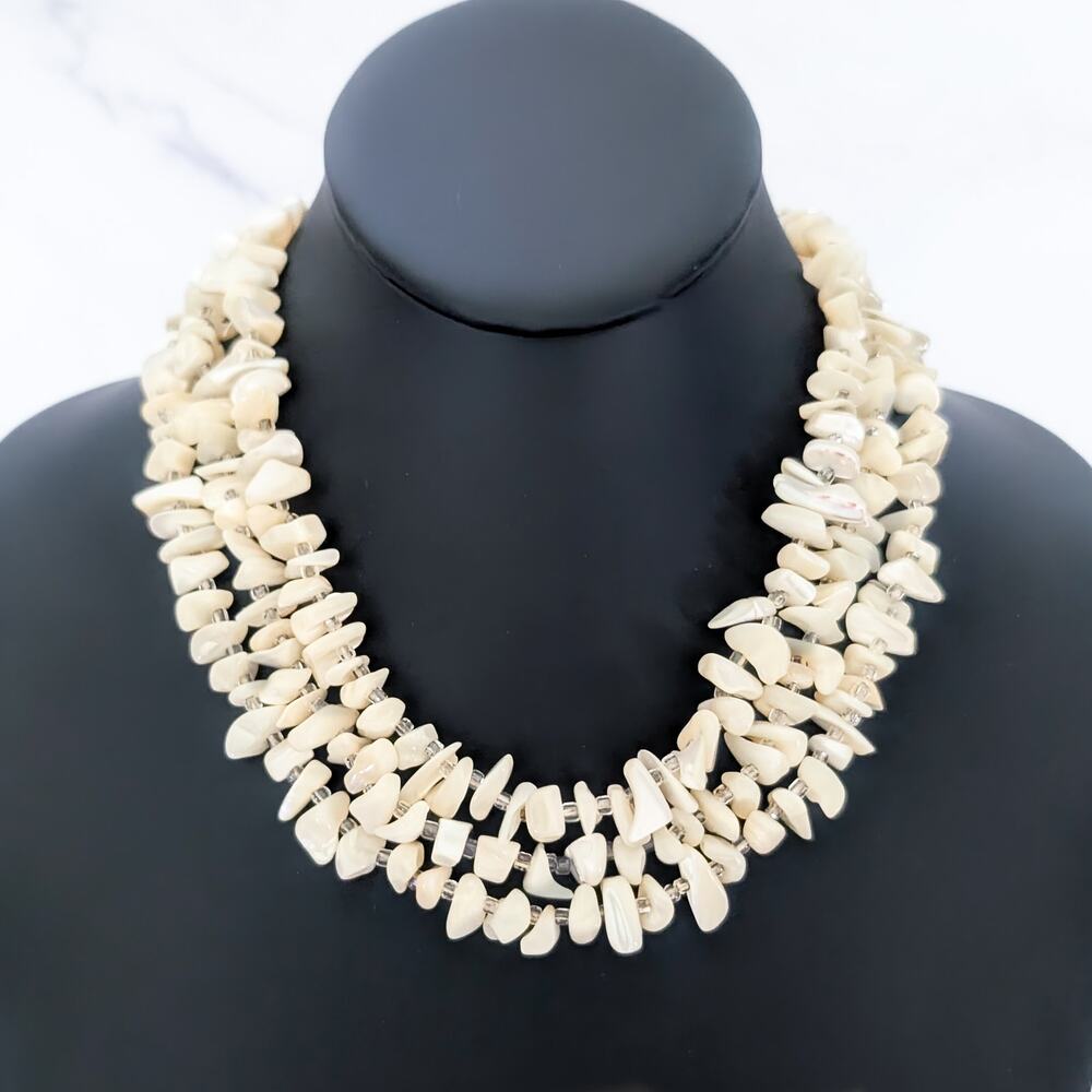 Vintage Necklace 3 Strand Mother of Pearl Statement Necklace